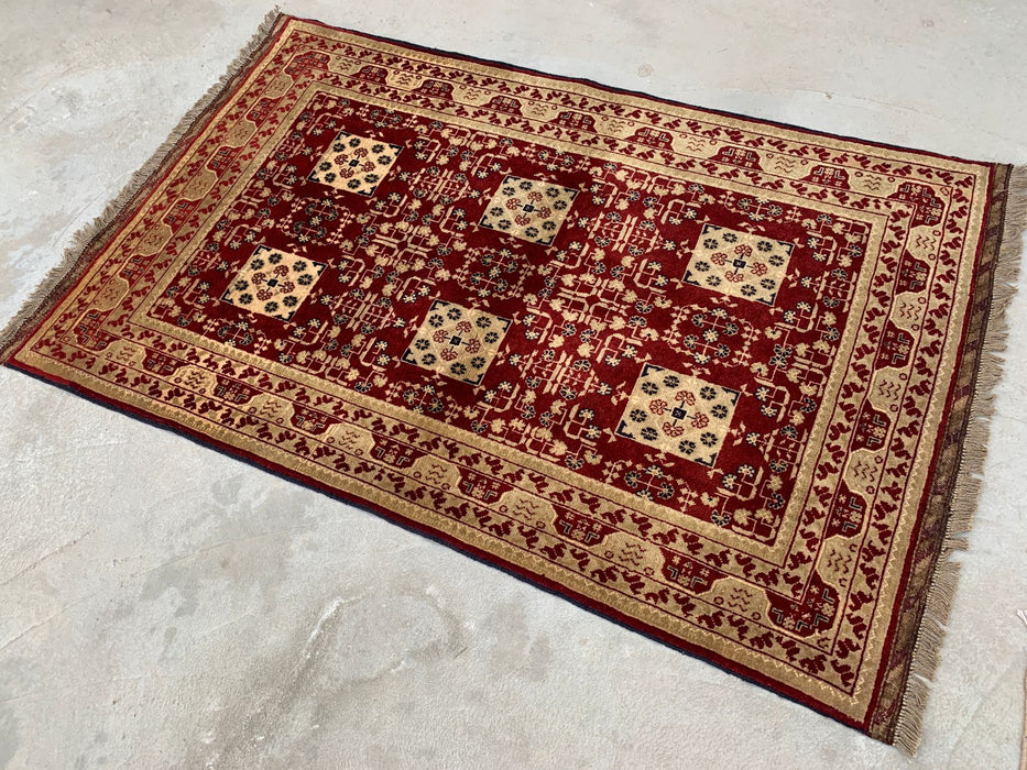 Hand-Knotted Chobi Wool Rug 5'0 x 3'3 Red Ivory Geometric Area Rug - KBHM-1210
