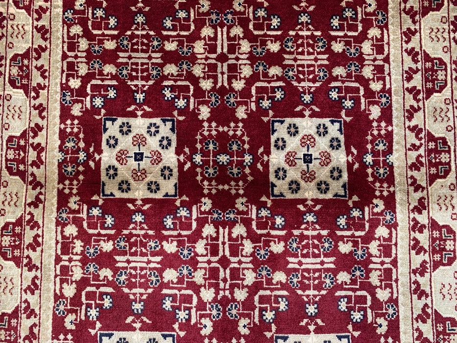 Hand-Knotted Chobi Wool Rug 5'0 x 3'3 Red Ivory Geometric Area Rug - KBHM-1210