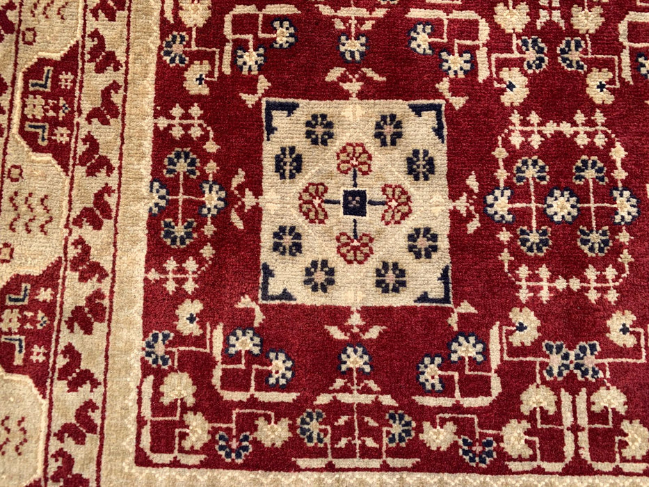Hand-Knotted Chobi Wool Rug 5'0 x 3'3 Red Ivory Geometric Area Rug - KBHM-1210