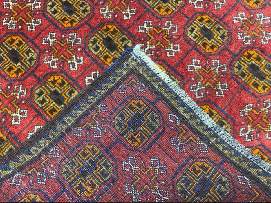 4’0” x 5’4” Hand-Knotted Turkoman Wool Rug – Classic Red Field with Gul Motifs