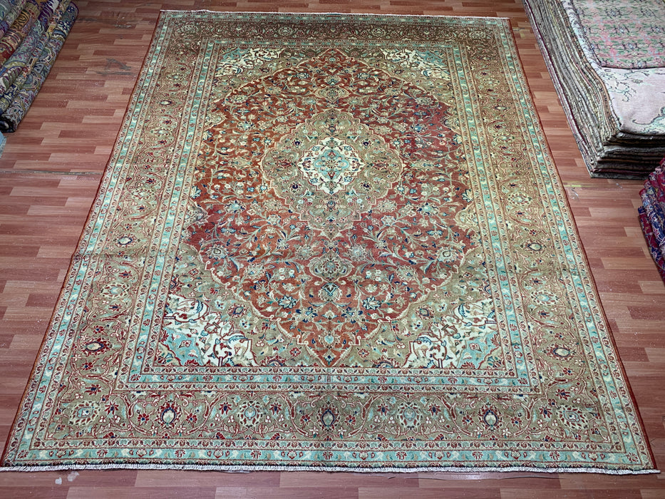 10’0” × 12’6” Hand-Knotted Persian Wool Rug – Terracotta Red with Sage & Ivory Accents