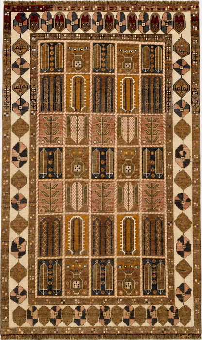 Handmade Persian Wool Area Rug 7x10 - Beige, Taupe & Ivory Panel Persian Style Rug - Exact Size 9'3" x 6'2" - KBHM-1106