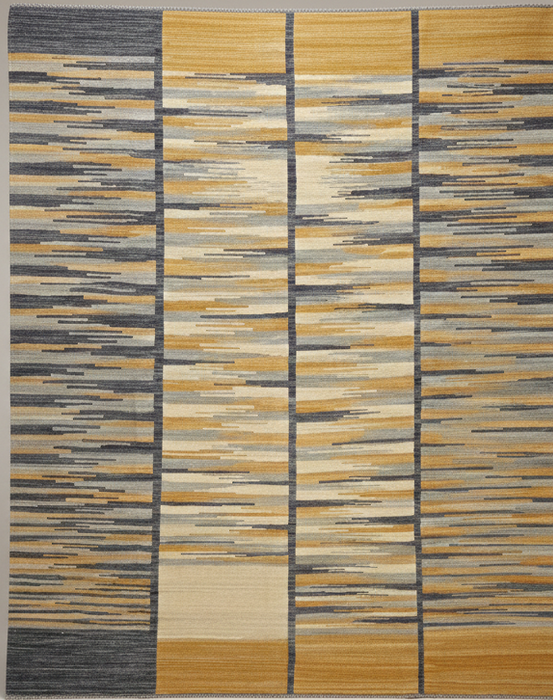 Handwoven Wool Kilim Area Rug – Grey / Gold Striped Panel – 8'1" x 10'2"