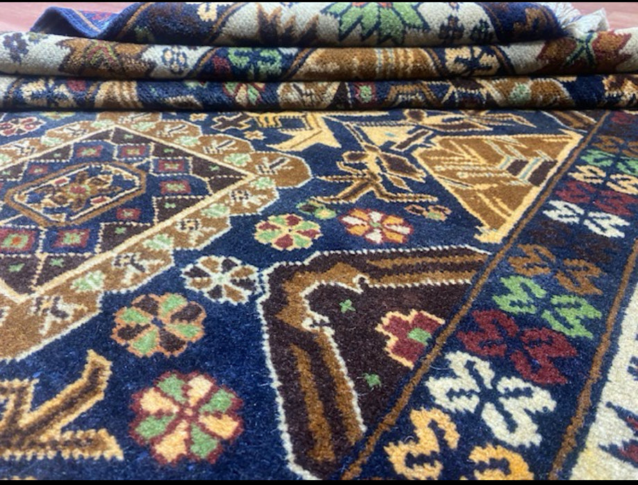 3’11” x 6’8” Hand-Knotted Caucasian Wool Runner – Deep Indigo & Earth Tones