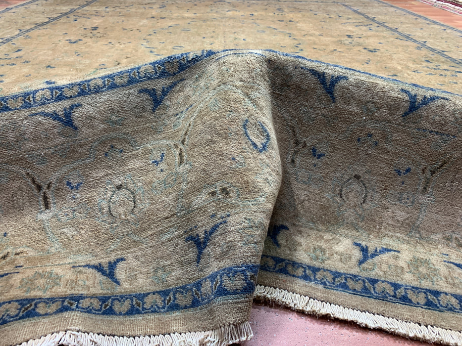 9’8” × 12’6” Hand-Knotted Wool Rug – Camel Brown Field with Navy & Taupe Floral Border