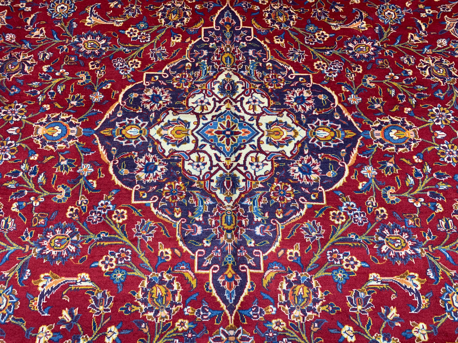 9’8” × 12’11” Hand-Knotted Wool Rug – Red with Navy & Light Blue Floral Medallion Design