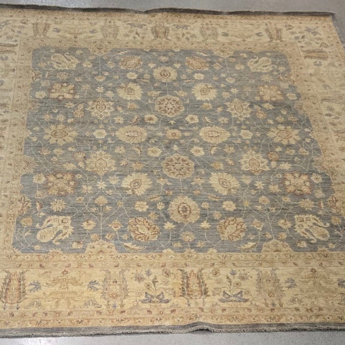 Hand-Knotted Chobi Wool Square Rug – Blue / Beige Floral – 9'5" x 9'7"