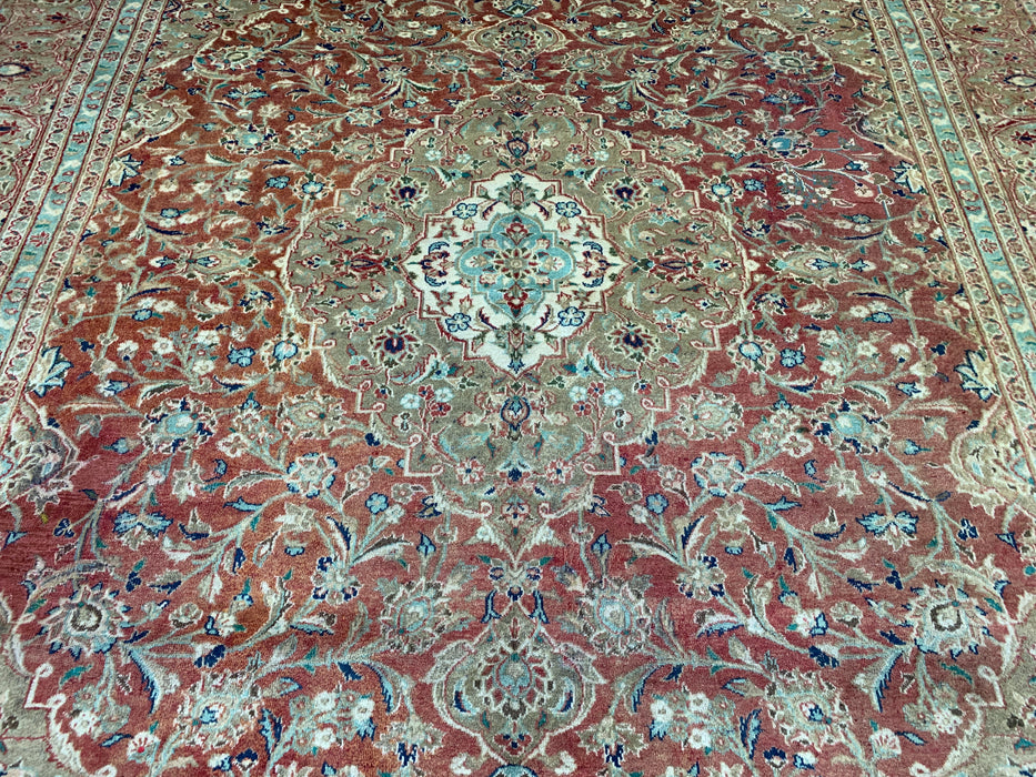 10’0” × 12’6” Hand-Knotted Persian Wool Rug – Terracotta Red with Sage & Ivory Accents