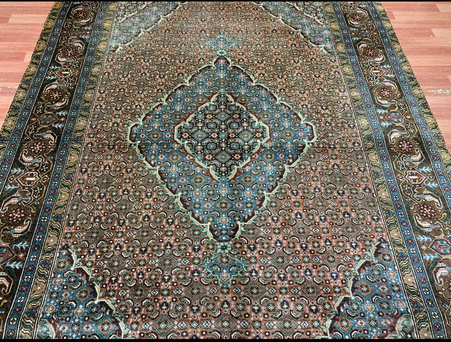 6’5” x 9’2” Hand-Knotted Persian Wool Rug – Brown & Teal Medallion Design