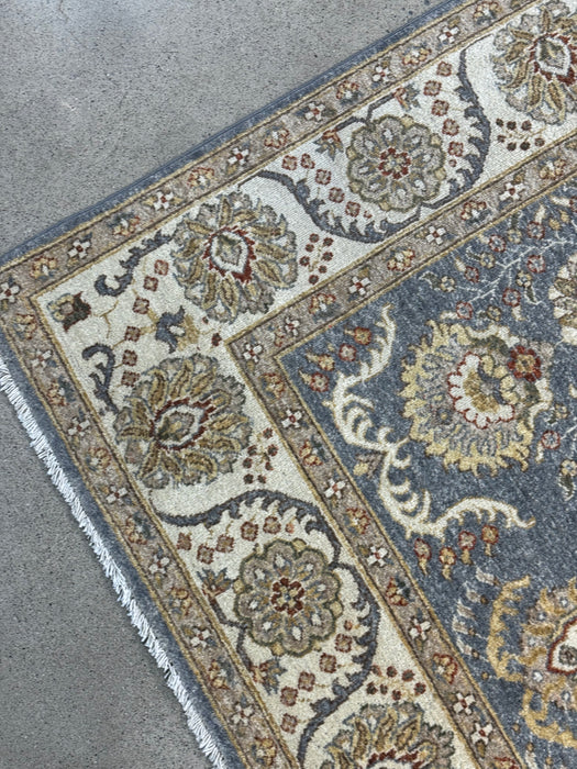 5'0" × 8’0" Hand-Knotted Chobi Wool Rug – Navy Blue with Green & Ivory Border