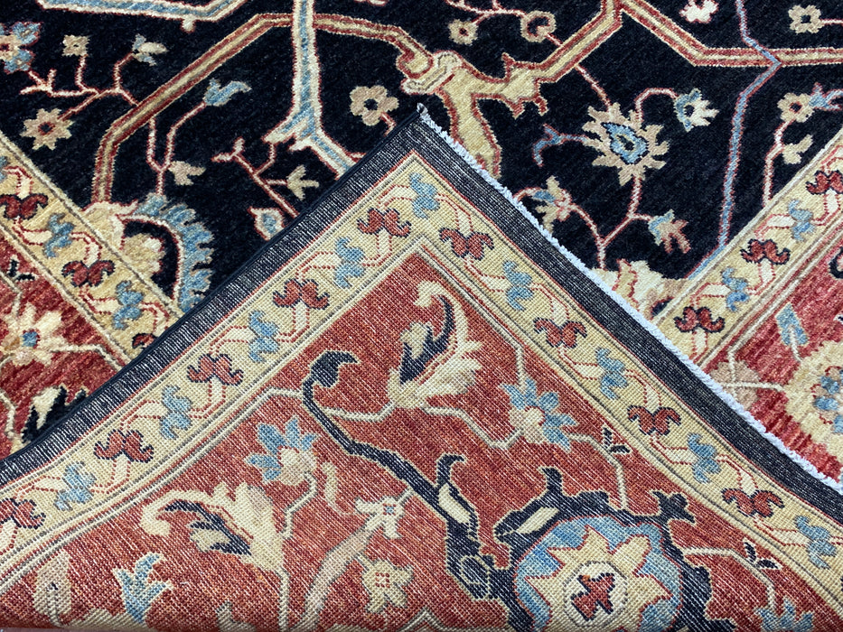 10' x 13' Chobi Hand-Knotted Wool Rug — Black & Rust Floral Design