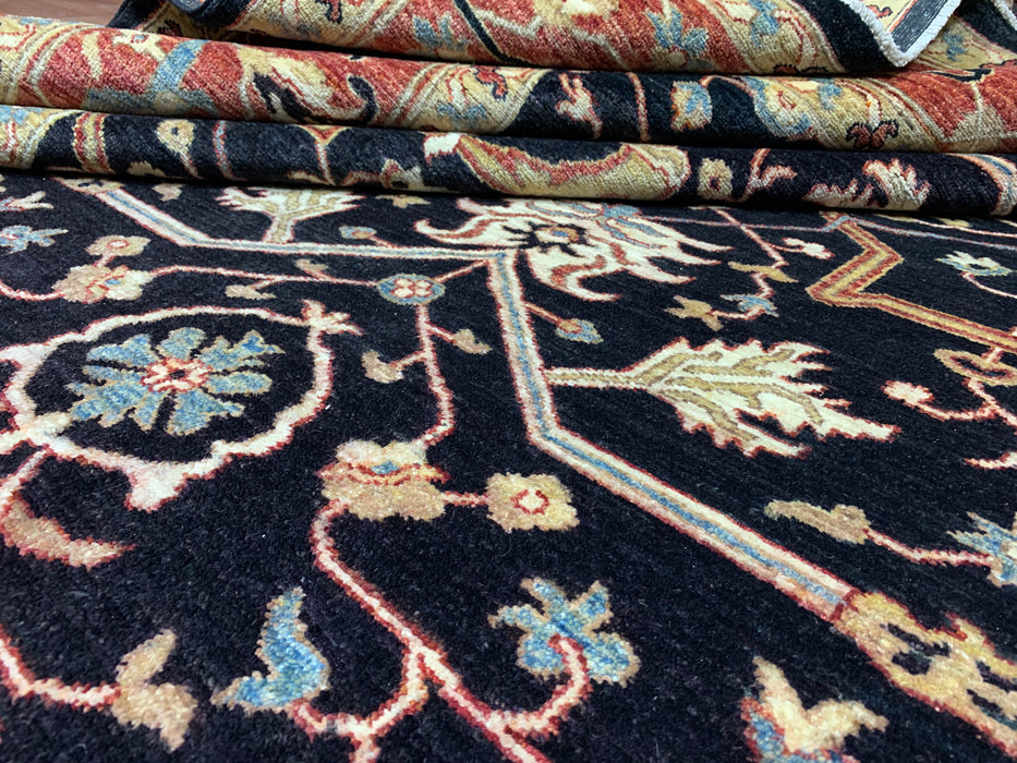 10' x 13' Chobi Hand-Knotted Wool Rug — Black & Rust Floral Design