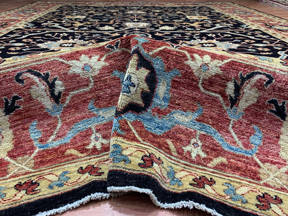 10' x 13' Chobi Hand-Knotted Wool Rug — Black & Rust Floral Design