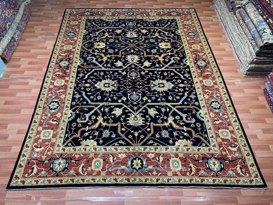 10' x 13' Chobi Hand-Knotted Wool Rug — Black & Rust Floral Design