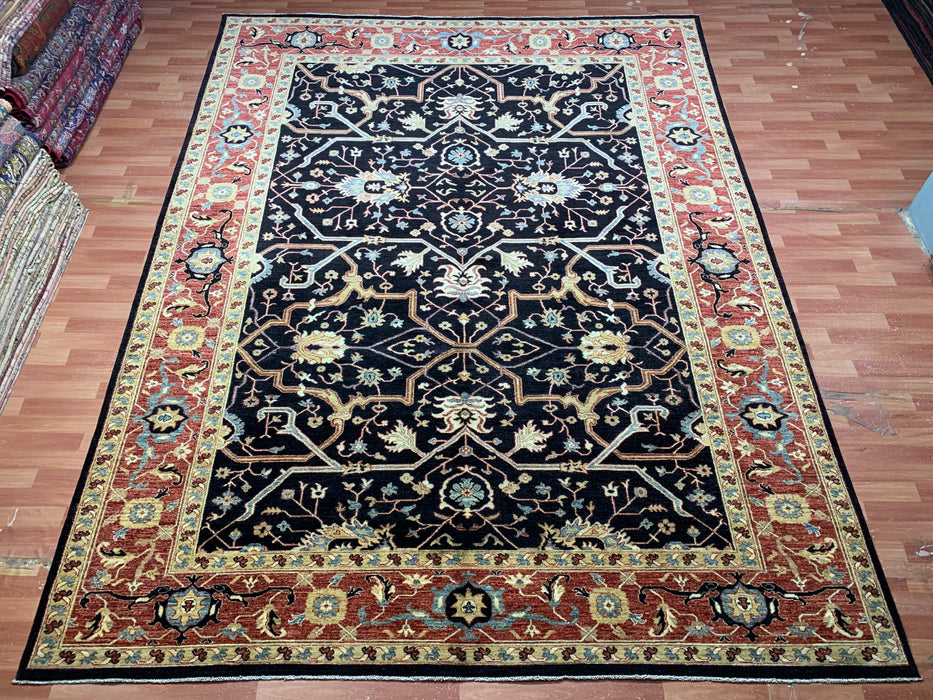 10' x 13' Chobi Hand-Knotted Wool Rug — Black & Rust Floral Design