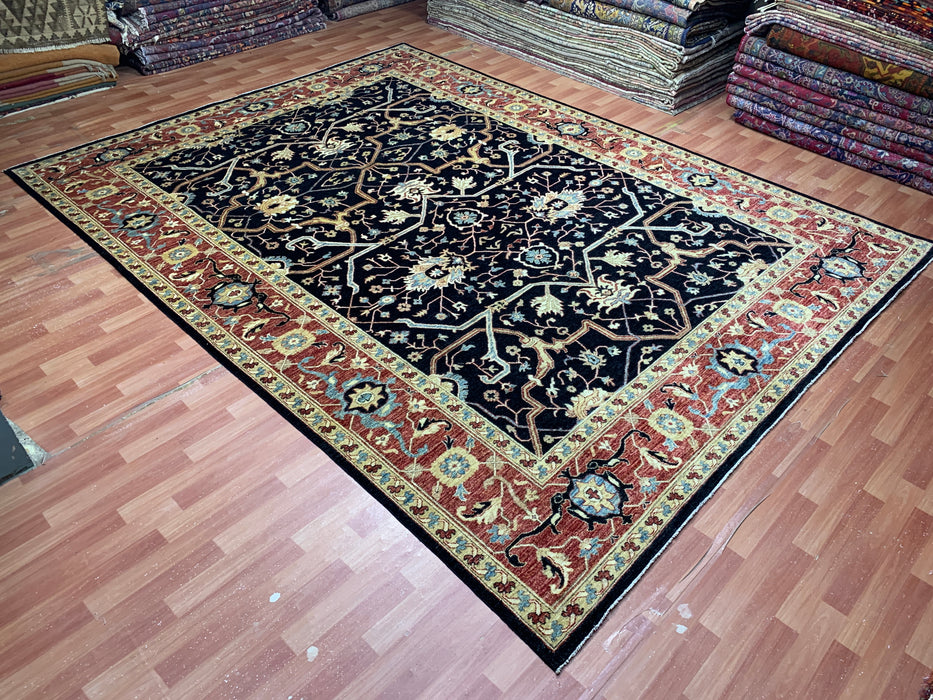10' x 13' Chobi Hand-Knotted Wool Rug — Black & Rust Floral Design
