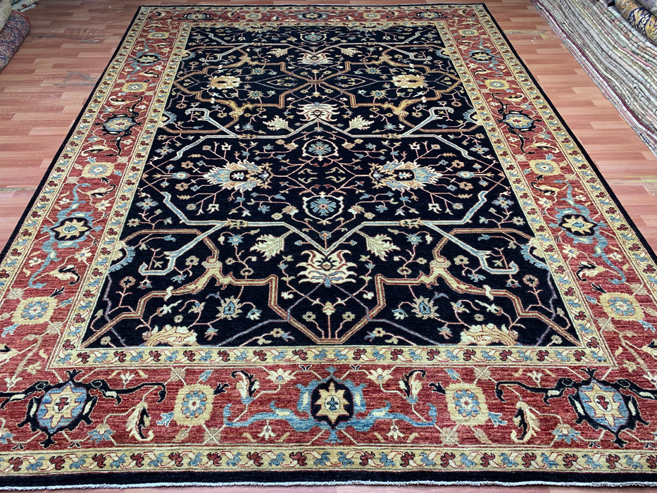 10' x 13' Chobi Hand-Knotted Wool Rug — Black & Rust Floral Design