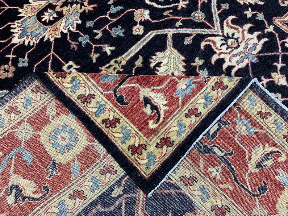 10' x 13' Chobi Hand-Knotted Wool Rug — Black & Rust Floral Design