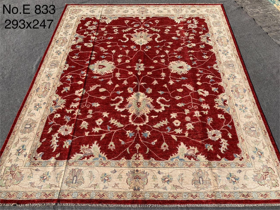 8x9’6 Afghan Chobi Wool Rug – Red & Beige Floral Design