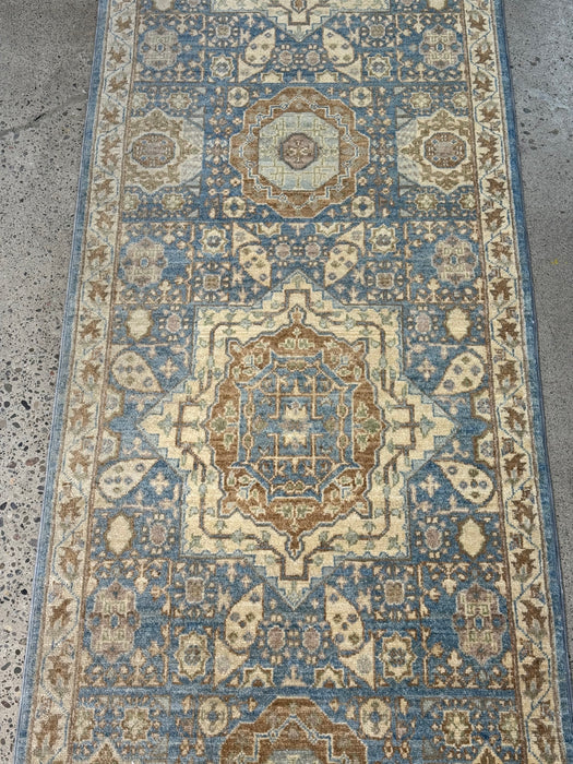 2'8" x 9'10" Hand-Knotted Chobi Mamluk Wool Runner Rug - Blue/Ivory/Multi