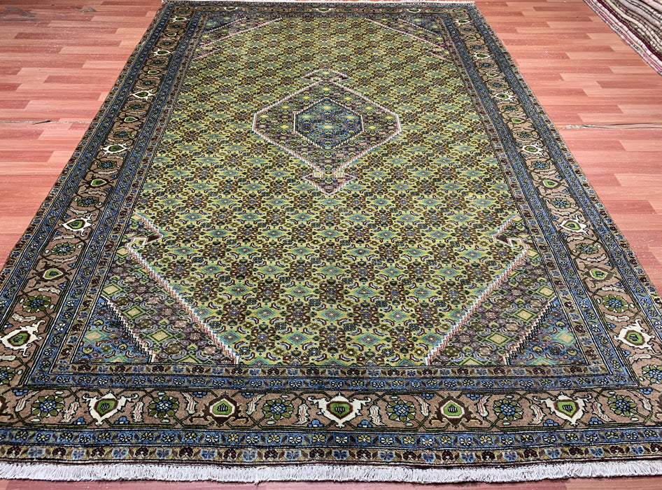 6’6” × 9’4” Hand-Knotted Wool Rug – Olive Green with Blue & Taupe Accents