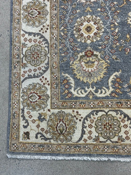 5'0" × 8’0" Hand-Knotted Chobi Wool Rug – Navy Blue with Green & Ivory Border