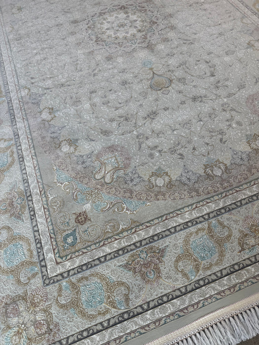 Premium 1500-Reed Persian Machine-Made Rug – Ivory / Soft Blue Medallion – 7' x 10'