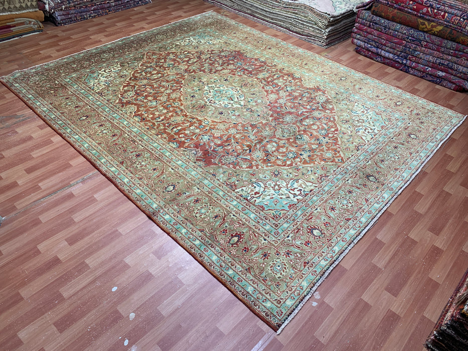 10’0” × 12’6” Hand-Knotted Persian Wool Rug – Terracotta Red with Sage & Ivory Accents