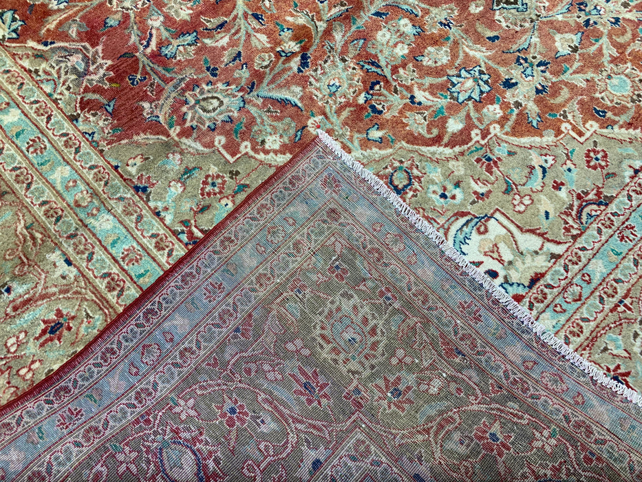 10’0” × 12’6” Hand-Knotted Persian Wool Rug – Terracotta Red with Sage & Ivory Accents