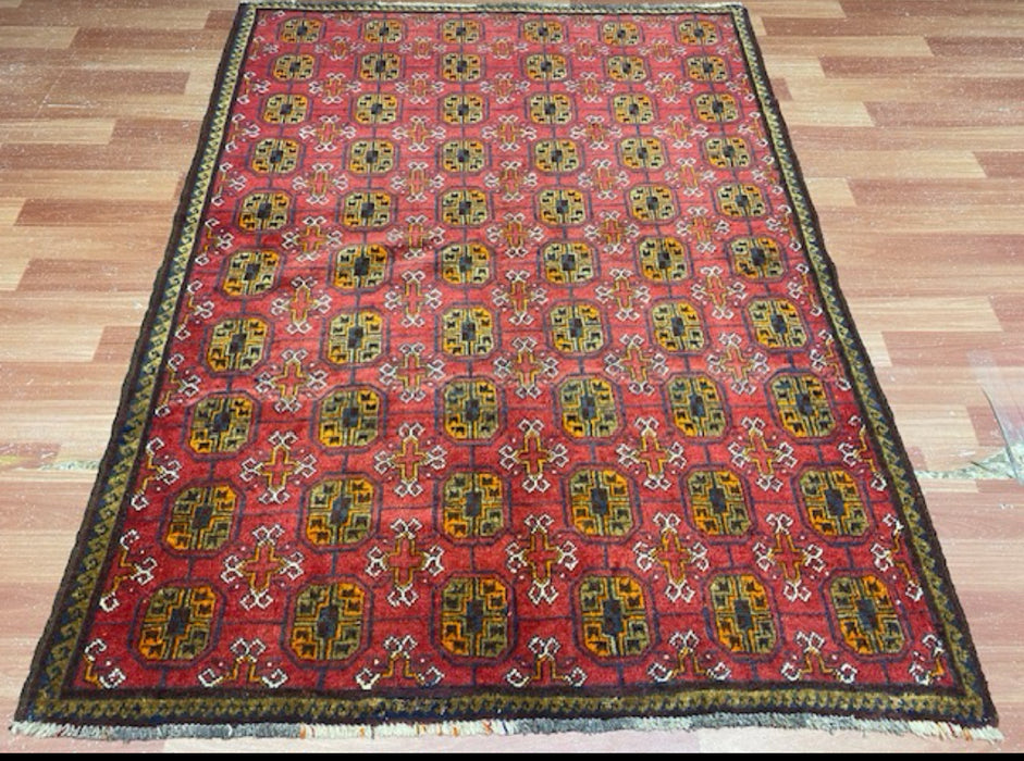 4’0” x 5’4” Hand-Knotted Turkoman Wool Rug – Classic Red Field with Gul Motifs