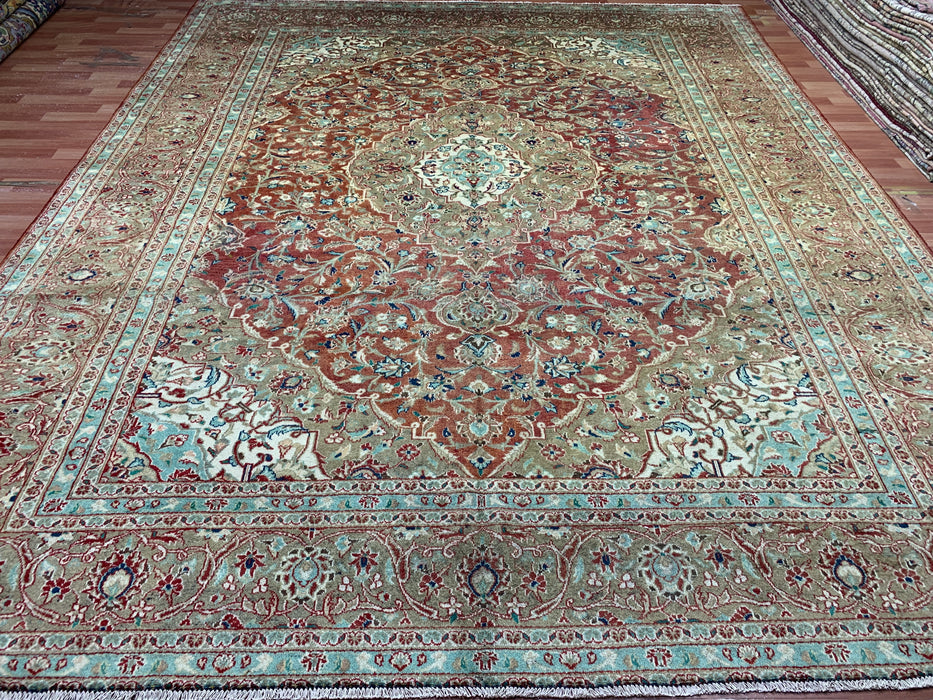 10’0” × 12’6” Hand-Knotted Persian Wool Rug – Terracotta Red with Sage & Ivory Accents