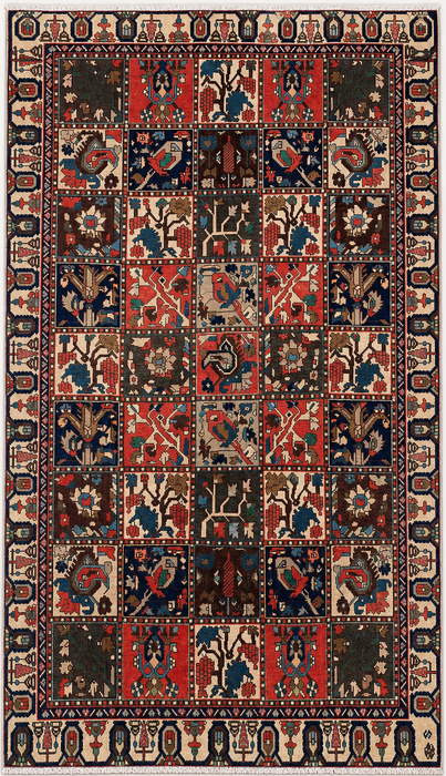 Handmade Persian Wool Area Rug 7x10 - Ivory, Navy, Red & Blue Traditional Garden Panel Persian Style Rug - Exact Size 9'5" x 6'5" - KBHM-1131