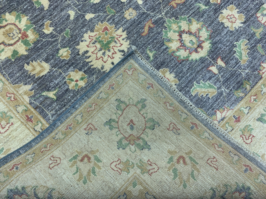 7'x10' Hand-Knotted Chobi Wool Rug – Slate Blue Field with Ivory Border & Pastel Floral Motifs