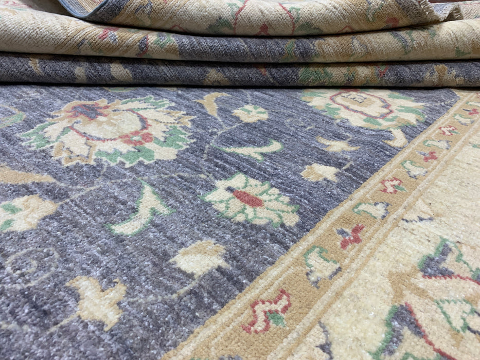 7'x10' Hand-Knotted Chobi Wool Rug – Slate Blue Field with Ivory Border & Pastel Floral Motifs