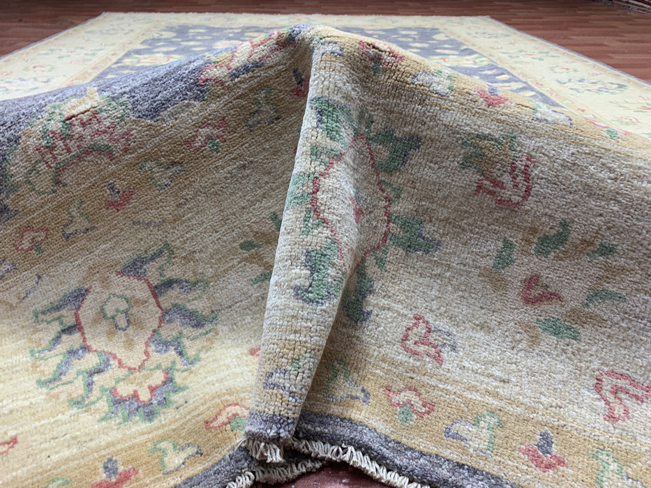 7'x10' Hand-Knotted Chobi Wool Rug – Slate Blue Field with Ivory Border & Pastel Floral Motifs