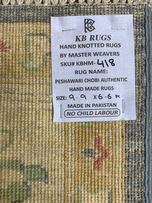 7'x10' Hand-Knotted Chobi Wool Rug – Slate Blue Field with Ivory Border & Pastel Floral Motifs