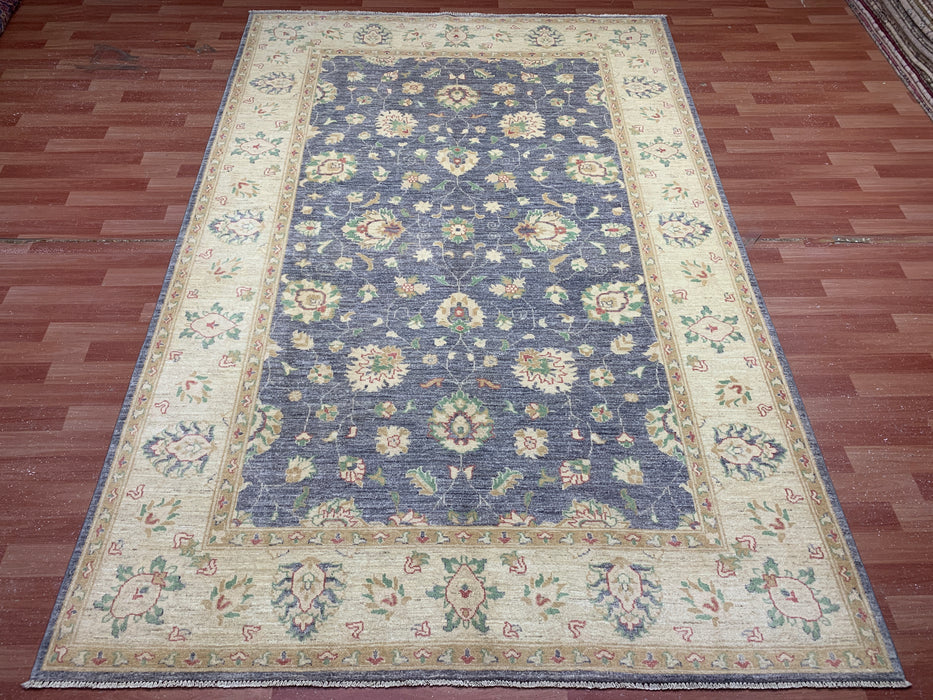 7'x10' Hand-Knotted Chobi Wool Rug – Slate Blue Field with Ivory Border & Pastel Floral Motifs