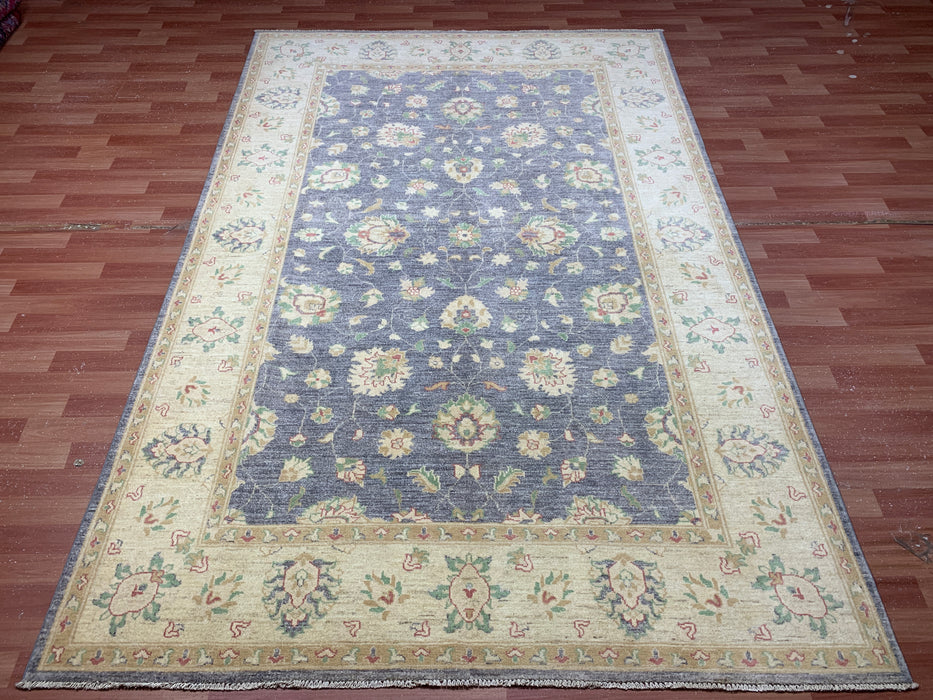 7'x10' Hand-Knotted Chobi Wool Rug – Slate Blue Field with Ivory Border & Pastel Floral Motifs