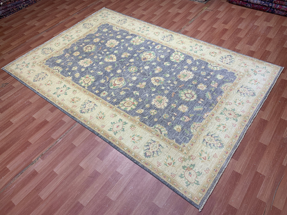 7'x10' Hand-Knotted Chobi Wool Rug – Slate Blue Field with Ivory Border & Pastel Floral Motifs