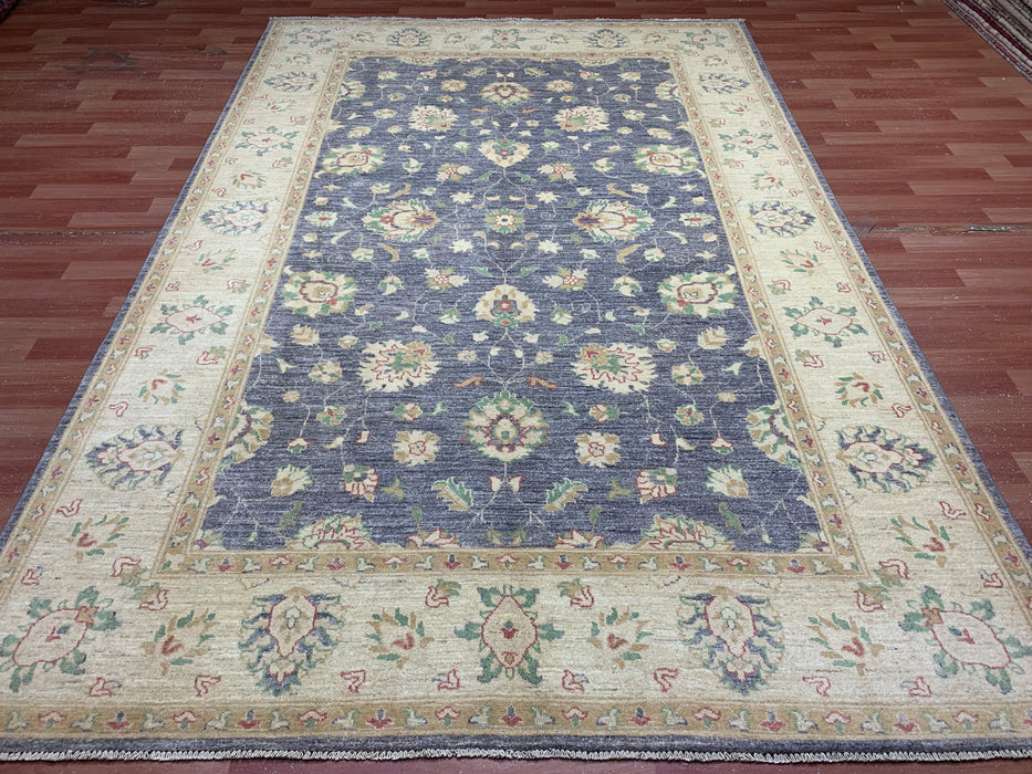 7'x10' Hand-Knotted Chobi Wool Rug – Slate Blue Field with Ivory Border & Pastel Floral Motifs