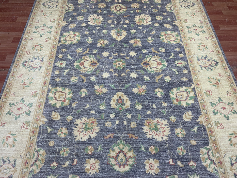 7'x10' Hand-Knotted Chobi Wool Rug – Slate Blue Field with Ivory Border & Pastel Floral Motifs