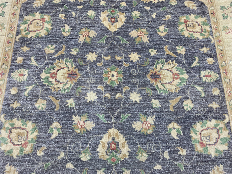 7'x10' Hand-Knotted Chobi Wool Rug – Slate Blue Field with Ivory Border & Pastel Floral Motifs