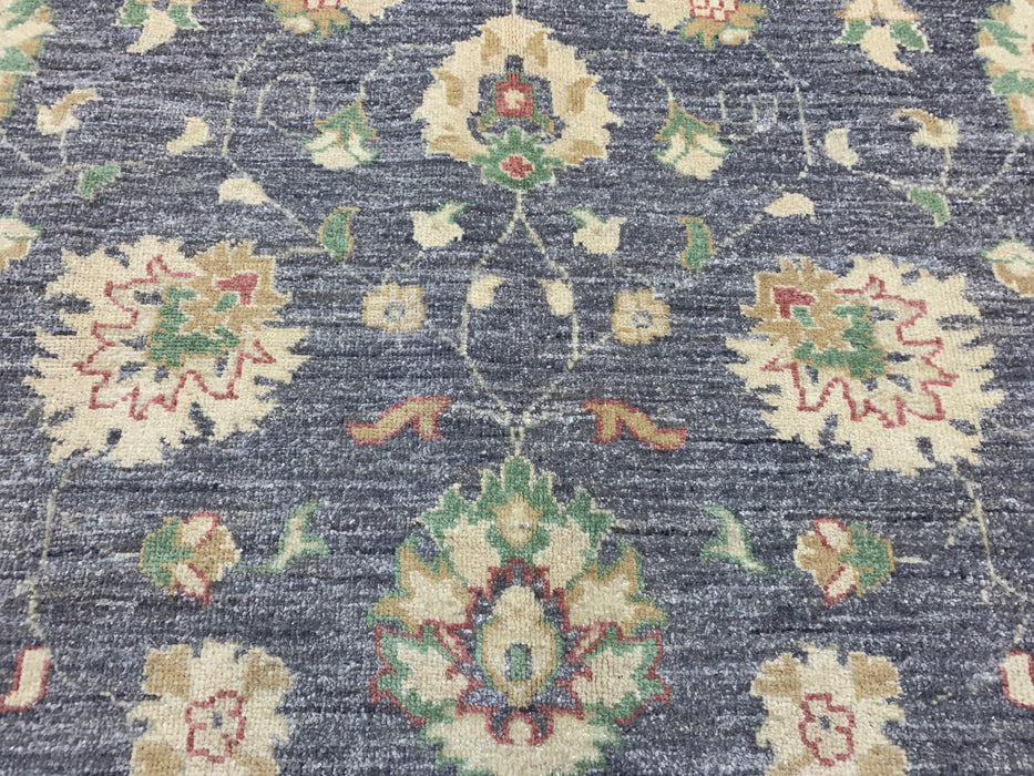 7'x10' Hand-Knotted Chobi Wool Rug – Slate Blue Field with Ivory Border & Pastel Floral Motifs
