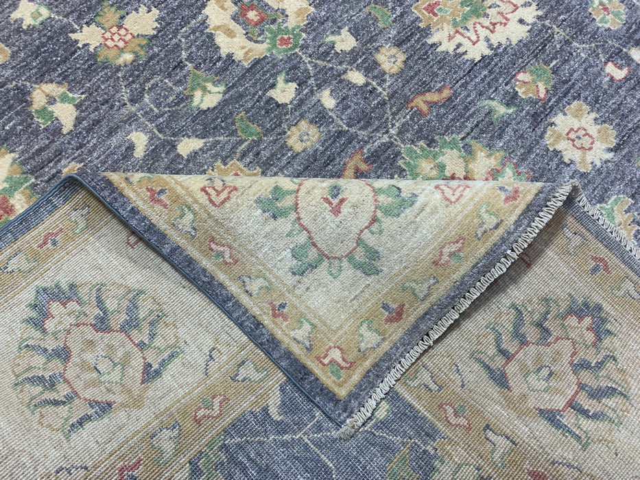 7'x10' Hand-Knotted Chobi Wool Rug – Slate Blue Field with Ivory Border & Pastel Floral Motifs
