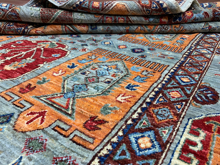 6'3" x 9'7" Hand-Knotted Kazak Wool Rug – Aqua Blue with Multicolor Tribal Motifs