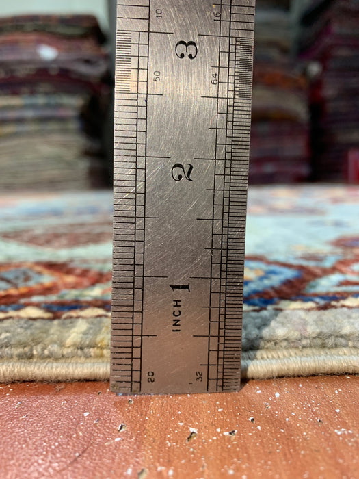 6'3" x 9'7" Hand-Knotted Kazak Wool Rug – Aqua Blue with Multicolor Tribal Motifs