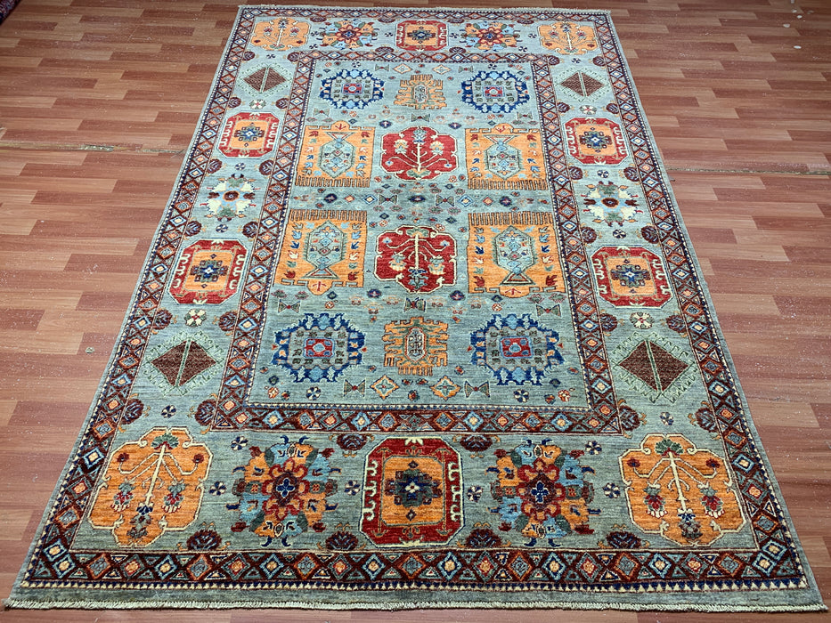 6'3" x 9'7" Hand-Knotted Kazak Wool Rug – Aqua Blue with Multicolor Tribal Motifs