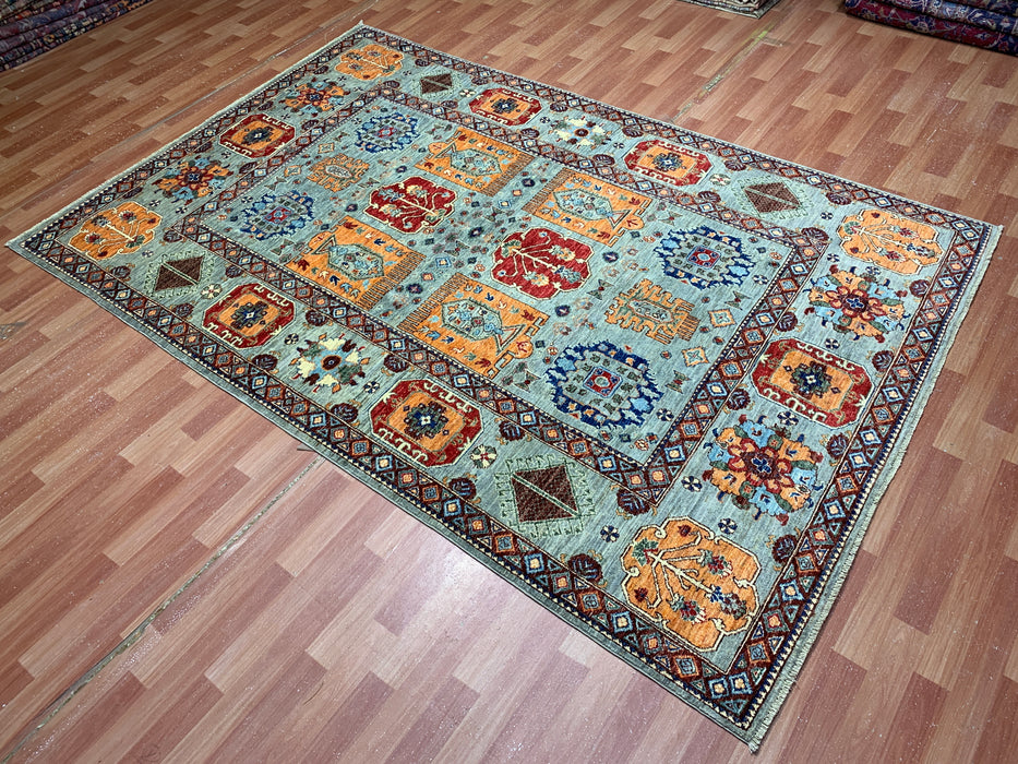 6'3" x 9'7" Hand-Knotted Kazak Wool Rug – Aqua Blue with Multicolor Tribal Motifs