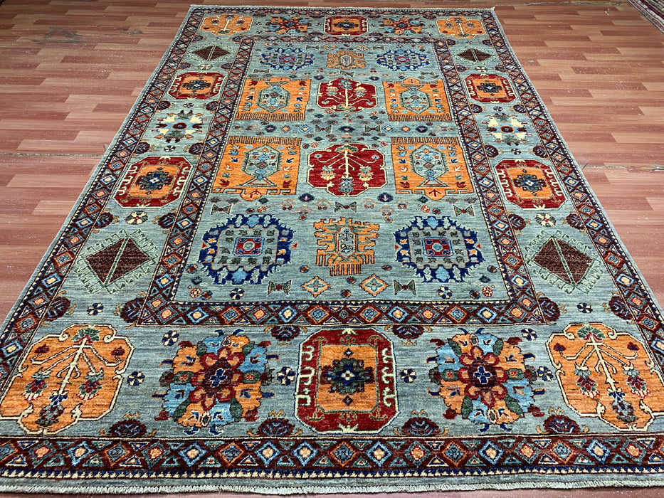 6'3" x 9'7" Hand-Knotted Kazak Wool Rug – Aqua Blue with Multicolor Tribal Motifs