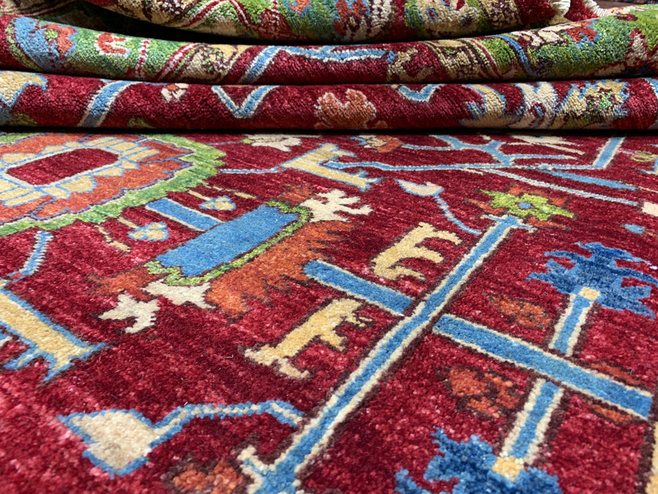 7'x10' Hand-Knotted Kazak Wool Rug – Red & Green Tribal Design